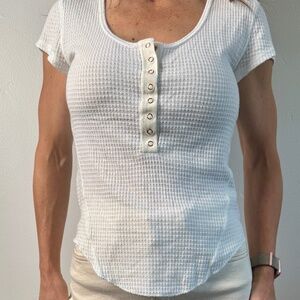 Free People Short Sleeve Henley White Tee - Medium